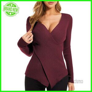 V-Neck Wrap Sweater Pullover Long Sleeve Slim Fit Knit Top